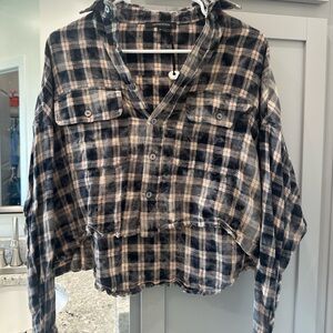 Crop acid wash plaid shirt